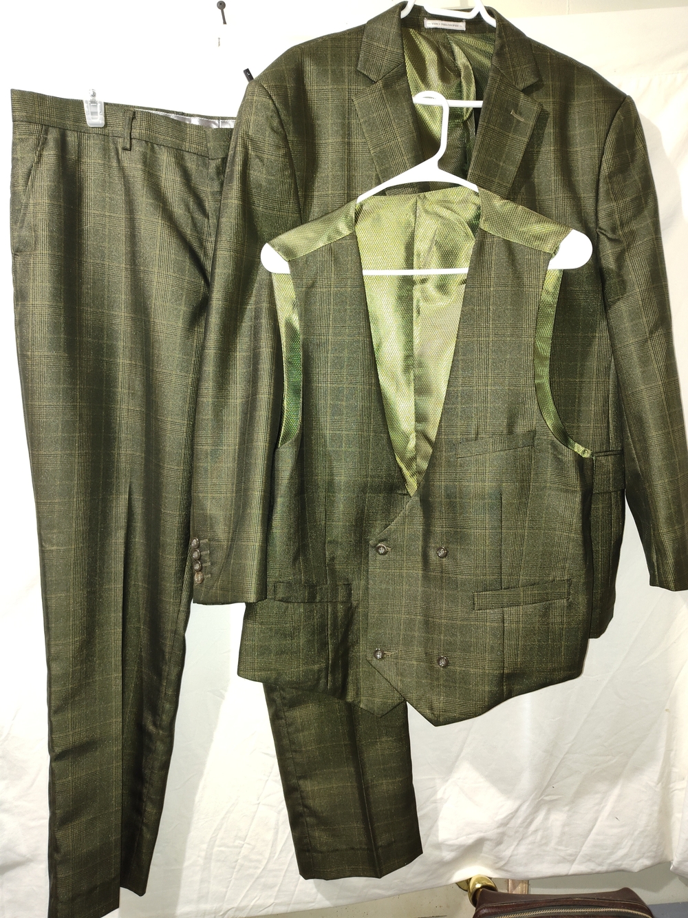 Three-Piece Olive Green Windowpane Suit - Classic Tailored Look